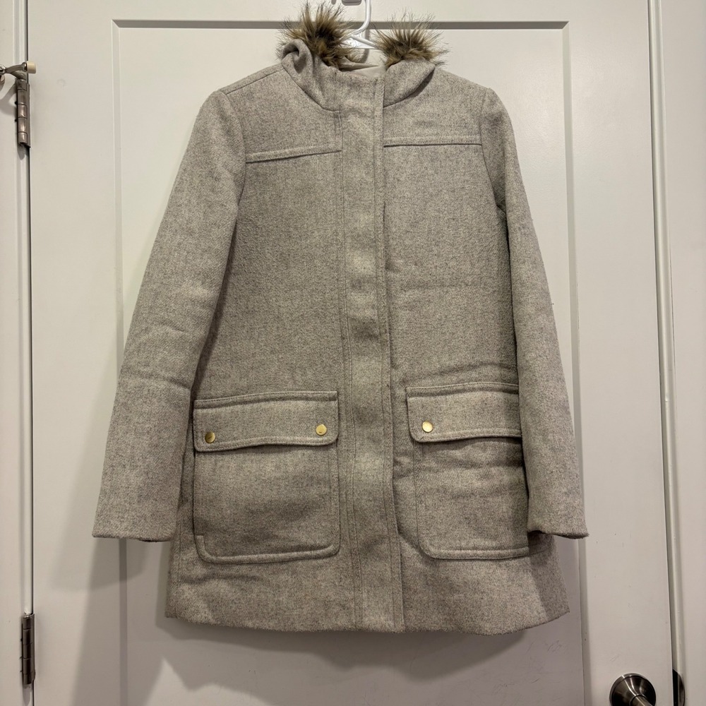 J.Crew Gray Wool Blend Chateau Parka with Faux Fur Trim Hood Size 4